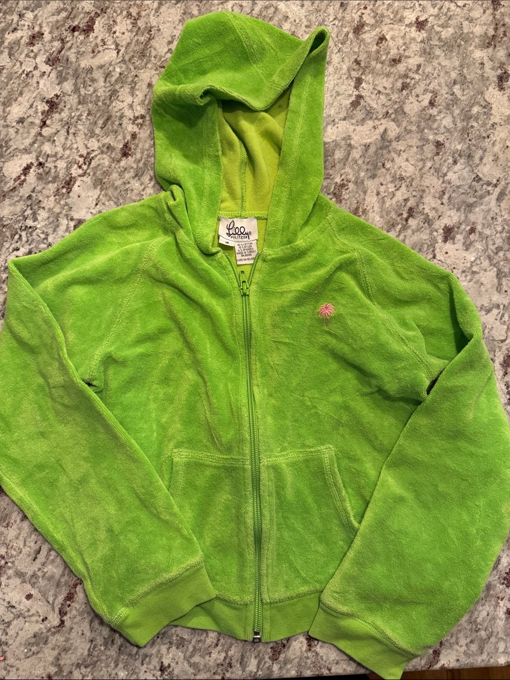 Lilly Pulitzer Bright Lime Green Hooded Zip-Up Sweatshirt with Pink Palm Accent